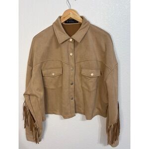 Lucky & Blessed Faux Suede Fringe Western Cropped Jacket Tan Camel 2XL Womens